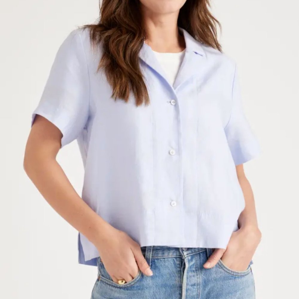 Quince 100% European Linen Short Sleeve Shirt - light blue button down